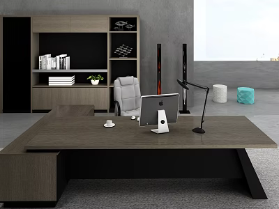Modern Office Desk Setup With Laptop Desk Lamp Gray Chair And Bookshelf 3d model