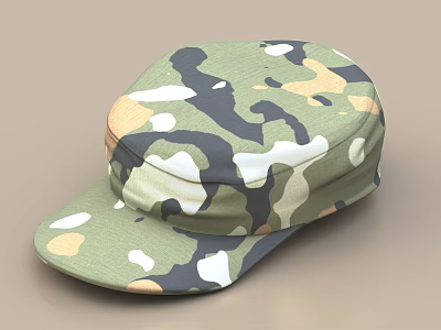 Camouflage Pattern Hat Featuring Green Black White Beige Colors And Casual Brim Design 3d model