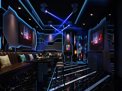 Modern KTV Interior With Neon Lights Sofa Seating TV Screens And Bar Counter 3d model