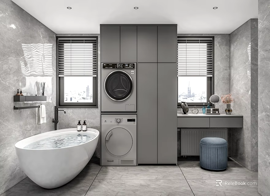 Modern Bathroom Interior Design With White Bathtub Washing Machine Grey Cabinets And Window Blinds 3d model 