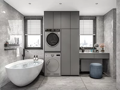 Modern Bathroom Interior Design With White Bathtub Washing Machine Grey Cabinets And Window Blinds 3d model