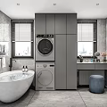 Modern Bathroom Interior Design With White Bathtub Washing Machine Grey Cabinets And Window Blinds
