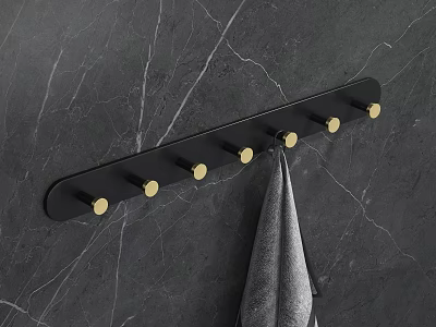 Modern Black Bathroom Towel Rack With Gold Hooks And Gray Towel On Marble Wall 3d model