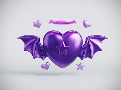 Love Purple Love Bat Wings with Bat Wings and Halo Romantic Style Unique Decoration 3d model
