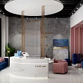 Modern Beauty Hair Salon Interior With Marble Front Desk Pink Accent Wall And Circular Logo