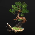 Wooden Bonsai Tree with Curved Trunk Green Leaves Stone Base and Grass Accent Decor