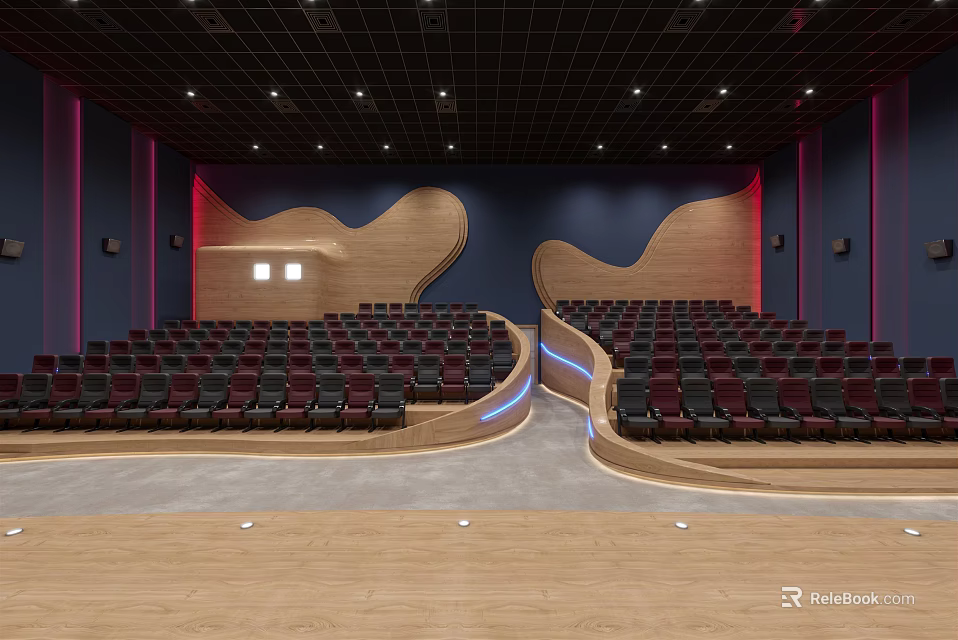Modern Cinema Theater Interior With Curved Seating Rows Red Blue Accent Walls And Black Ceiling 3d model 