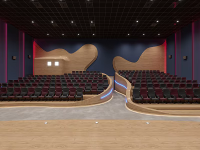 Modern Cinema Theater Interior With Curved Seating Rows Red Blue Accent Walls And Black Ceiling 3d model