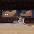Modern Cinema Theater Interior With Curved Seating Rows Red Blue Accent Walls And Black Ceiling