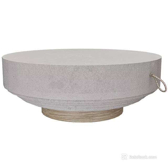 Round Coffee Table With Gray Surface And Natural Wooden Base Metal Ring Handle 3d model 