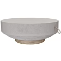 Round Coffee Table With Gray Surface And Natural Wooden Base Metal Ring Handle