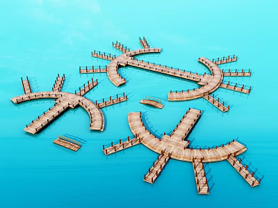Wooden Water Boardwalk Structures Featuring Interconnected Curved Design And Scenic Pathways 3d model