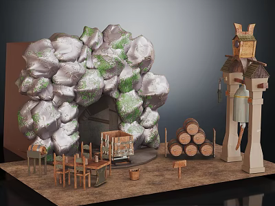 Detailed Rustic Themed Scene Setup With Rock Formation Wooden Tables Logs And Tower Structure 3d model