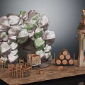 Detailed Rustic Themed Scene Setup With Rock Formation Wooden Tables Logs And Tower Structure
