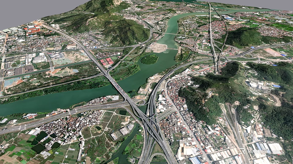 Aerial View Planning with Mountains River Bridges and Road Networks in Urban Development Layout 3d model 