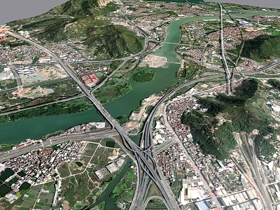 Aerial View Planning with Mountains River Bridges and Road Networks in Urban Development Layout 3d model