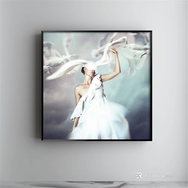 Portrait Painting of Woman in White One Shoulder Dress with Flowing Fabric Hazy Gray Background 3d model 