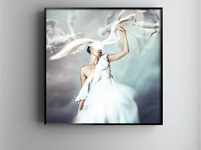 Portrait Painting of Woman in White One Shoulder Dress with Flowing Fabric Hazy Gray Background 3d model