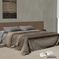 Double Bed With Wooden Headboard Gray Pillows Beige Bedspread Woven Blanket Wall Art Open Book