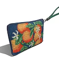Fashionable Embroidered Clutch Bag With Orange White Flower Pattern Navy Blue Background And Green Wristlet