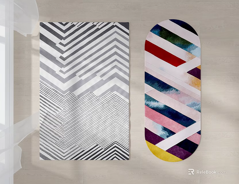 Modern Square Rugs Featuring Black White Geometric Pattern and Colorful Striped Design 3d model