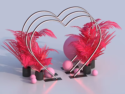 Stylish Decorative Arrangement With Metal Heart Shaped Frames Red Ferns Pink Spheres And Black Pots 3d model