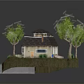 Cartoon Scene Featuring Charming House with Dark Roof Chimney Surrounded by Green Trees and Lawn