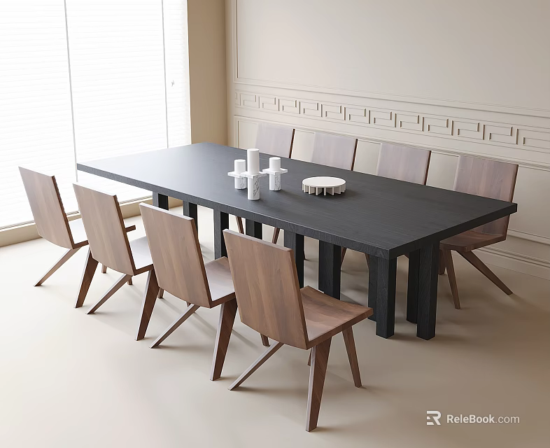 Modern Minimalist Dining Table And Chairs Set With Black Tabletop And Wooden Seats In Interior 3d model 