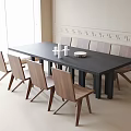 Modern Minimalist Dining Table And Chairs Set With Black Tabletop And Wooden Seats In Interior