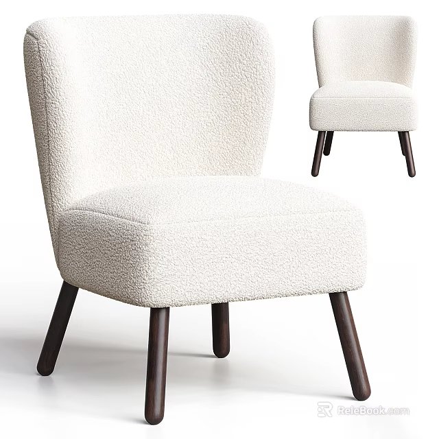 Modern White Fluffy Accent Chair With Dark Wooden Legs Soft Comfortable Minimalist Design 3d model 