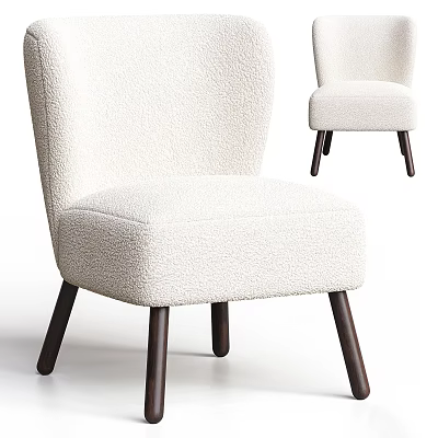 Modern White Fluffy Accent Chair With Dark Wooden Legs Soft Comfortable Minimalist Design 3d model