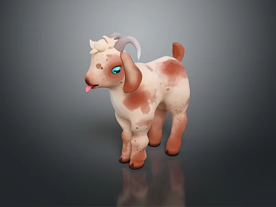 Cartoon Baby Goat 3D Model With White Brown Spots Blue Eyes And Tongue Out 3d model