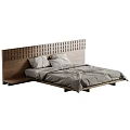 Modern Double Bed With Wooden Lattice Headboard Grey Bedspread And White Pillows