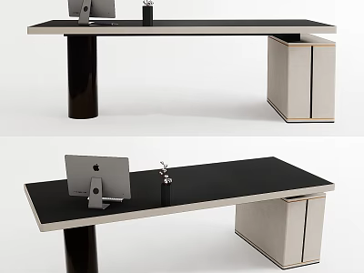 Modern Minimalist Desk With Black Tabletop Apple Monitor Pen Holder And Beige Cabinets 3d model