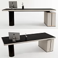 Modern Minimalist Desk With Black Tabletop Apple Monitor Pen Holder And Beige Cabinets