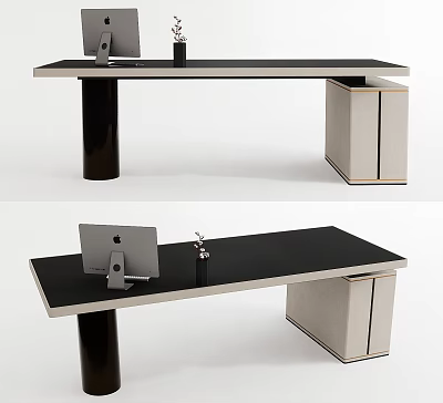 Modern Minimalist Desk With Black Tabletop Apple Monitor Pen Holder And Beige Cabinets 3d model