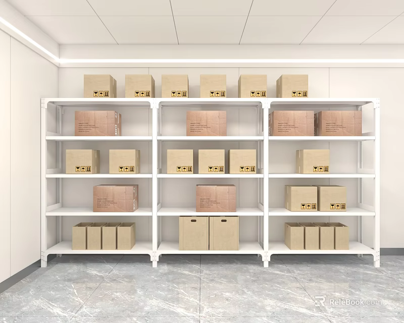 White Storage Shelf Unit with Multiple Cardboard Boxes Neatly Arranged on Layers 3d model
