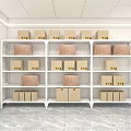 White Storage Shelf Unit with Multiple Cardboard Boxes Neatly Arranged on Layers 3d model