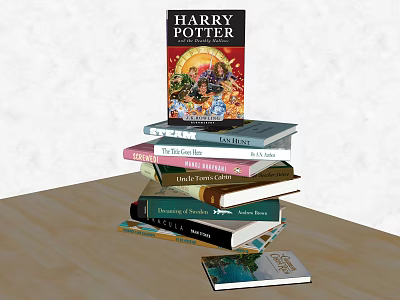 Stack of Assorted Books Including Harry Potter with Colorful Hardcovers on Wooden Table 3d model