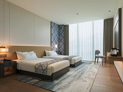 Spacious Modern Hotel Guest Room With Twin Beds Bedside Lamps Large Windows And Area Rug 3d model