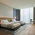 Spacious Modern Hotel Guest Room With Twin Beds Bedside Lamps Large Windows And Area Rug