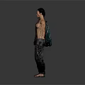 Child Wearing Brown Vest Blue T Shirt Ripped Jeans Boots With Backpack Against Grey Background