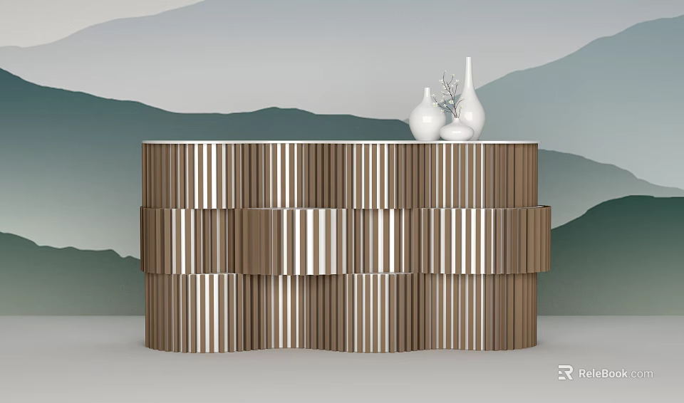 Modern Stylish Reception Desk With Wooden Striped Design And White Vases Against Mountain Pattern Wall 3d model 