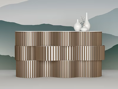 Modern Stylish Reception Desk With Wooden Striped Design And White Vases Against Mountain Pattern Wall 3d model