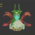 Fantasy Woman Sculpture With Blonde Hair Green Gold Horned Headdress Dramatic Makeup And Colorful Wings