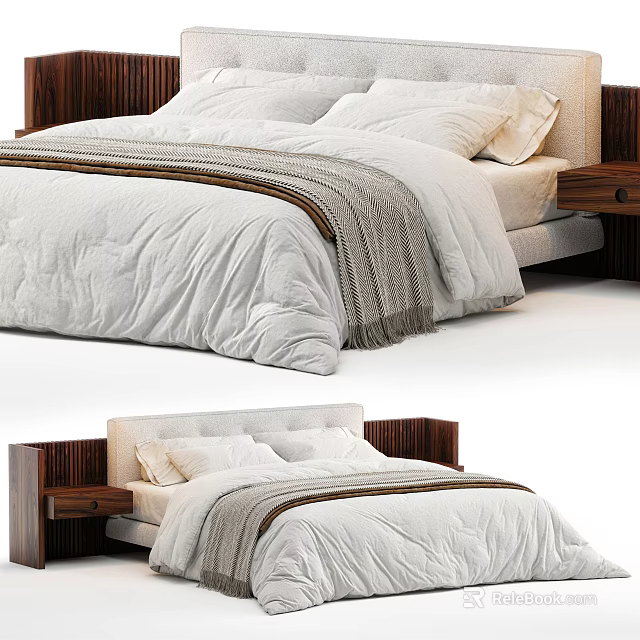 Modern Double Bed with Wooden Headboard White Bedding Striped Blanket and Side Tables 3d model 