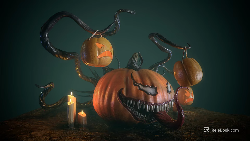 Halloween Decorative Ornament Set With Large Pumpkin Fierce Expression Black Vines Small Lanterns And Lit Candles 3d model 
