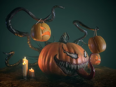 Halloween Decorative Ornament Set With Large Pumpkin Fierce Expression Black Vines Small Lanterns And Lit Candles 3d model