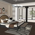 Elegant Bedroom Interior with Beige Walls Decorative Moldings Dark Wood Headboard Chandelier and Area Rug
