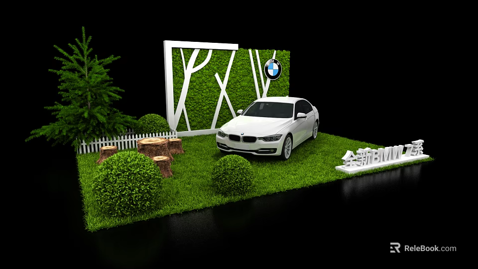 All New White BMW Car Display With Green Plant Wall Trees And Shrubs 3d model 
